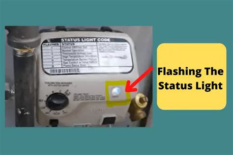 Status light on water heater not blinking. Turn off the gas supply to the water heater. Clean the thermopile and pilot light using a soft brush or cloth to remove any dirt or debris. Adjust the pilot light so that it has a strong, steady flame touching the thermocouple. Ensure that the gas valve is fully open to provide sufficient gas supply to the pilot light. 