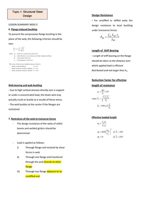 Steel summary Topic 1 - LESSON SUMMARY WEEK 5 Flange …