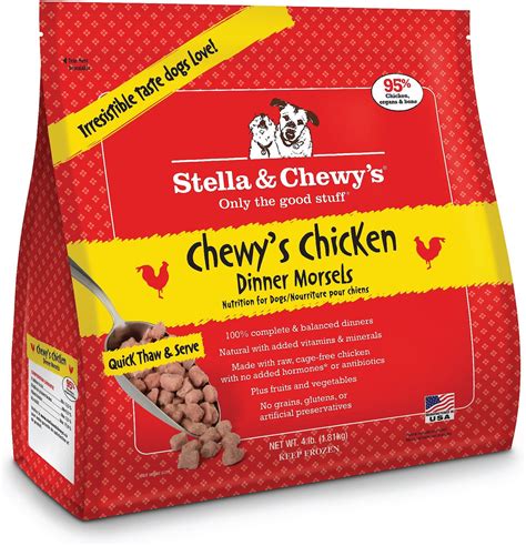 Stella and chewys dog food. Made with cage-free chicken raised without hormones or antibiotics and 100% organic-certified fruits and vegetables. Real raw nutrition in the convenience of freeze-dried patties; serve as is or rehydrate by adding water. Formulated to mimic a canine’s natural diet; never contains grains, gluten, fillers, artificial preservatives or colorings. 