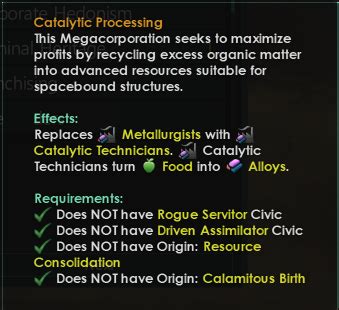 Stellaris catalytic processing. The important factor here is it’s the same number of pops used. 1.5 farmers -> 1 catalytic technician. 1.5 miners -> 1 metallurgist. However farmers have a higher base output so all the % boosts you accumulate mean catalytic is more pop efficient. Catalytic Processing/Agrarian > Mining Guilds/Industrious. 