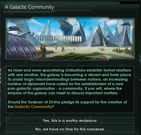 Stellaris galactic community. Oct 31, 2021 · Learn how to join, influence and benefit from the galactic community, a space UN in Stellaris. This guide covers the basics of the galactic community, such as vote weight, diplomatic stance, resolutions, sanctions and more. 
