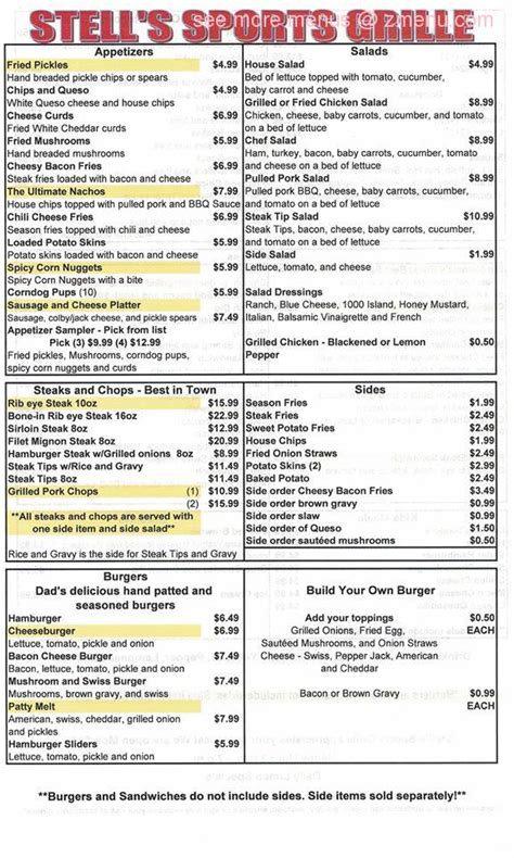 Stells sports grille. Dec 23, 2020 · The actual menu of the Stell's Sports Grille pub & bar. Prices and visitors' opinions on dishes. 