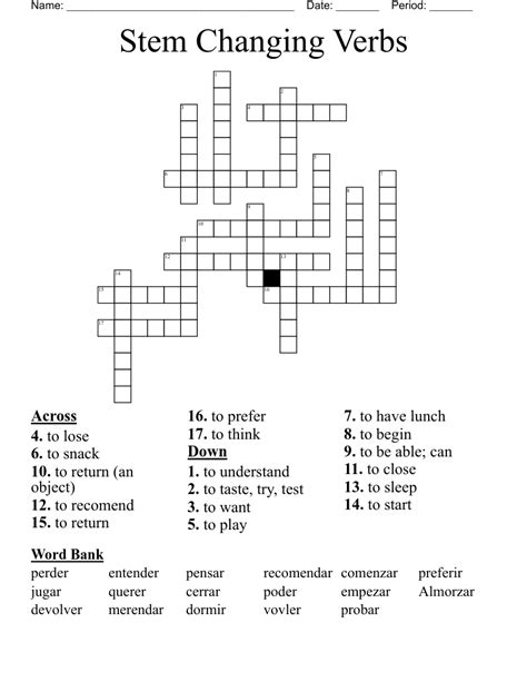 Stem changing verbs crossword.  to begin.  to sleep 7.  10 Teacher30 terms Kelli_Wi...