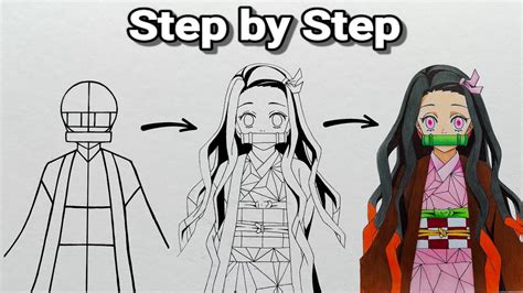 Step by step tutorial explaining how to draw Nezuko Kamado from Kimetsu