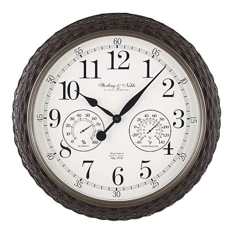 Sterling & Noble Woven 23.5-INCH Outdoor Wall Clock/Weather Station in Dark Brown. Suitable for indoor/outdoor use; Metal hour and minute hands; Wall mount, Temperature and humidity gauges; Requires 1 AA battery (not included) Measures 23.5″ diameter; See User Reviews And Ratings On Amazon. 