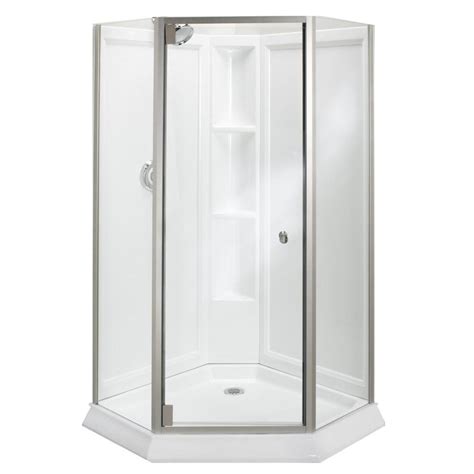 Sterling corner shower kits. About This Product. OVE Endless Pasadena PA0651171, 48 in. W x 74-3/4 in. H Corner Frameless Pivot Shower Door in Chrome with Base and Shelves. The OVE Decors Endless 48 in. Pasadena shower kit with frameless pivot shower door offers the kind of simple, stylish versatility that complements any and all bathroom styles. 