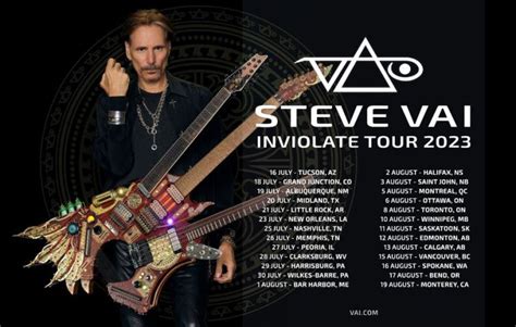 Steve vai tour. Steve Vai By Mike O'Cull Ever-evolving guitar master and three-time Grammy winner Steve Vai breaks free of all comfort zones and creative limits on his new nine-song album Inviolate. Released January 28, 2022 via Favored Nations/Mascot Label Group, the record is Vai’s 10th solo ... and then continuing into mid-August. The tour … 