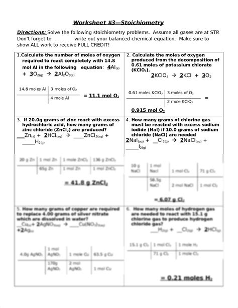 Stoichiometry Problems Worksheet Answers