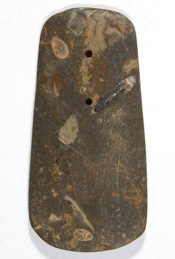 Stone gorget artifact.  1.  in Cheboygan, MI.  ABSTRACT TWO HOLE GORGETS...