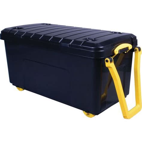 Storage box on wheels with handle. X-large 64-Gallons (256-Quart) Green Heavy Duty Rolling Tote with Latching Lid. Model # 808602. Find My Store. for pricing and availability. 227. Multiple Options Available. Sterilite. 3-Pack Large 30-Gallons (120-Quart) Clear Weatherproof Rolling Tote with Latching Lid. Model # 197199. 