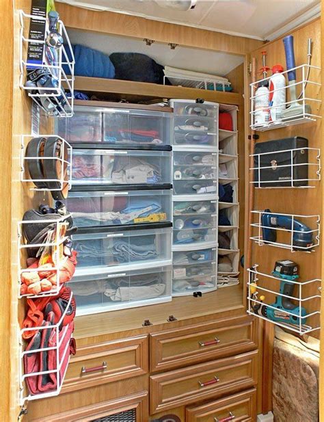 Storage for rv. Suction cup hooks are an easy way to achieve RV organization without punching holes in the walls for real hooks. These plastic suction cup hooks can hold up to 6.6 pounds each. They're great for bathroom towels, loofahs, kitchen utensils, even a coat. They'll stick on glass, a mirror, tile and even metal. 
