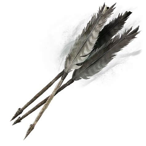 25 Stormwing Bone Arrow; 26 Arrow; 27 Dwelling Arrow; 28 Fire Arrow; 29 Golden Arrow; 30 Serpent Arrow; 31 Spiritflame Arrow; 32 St. Trina's Arrow; Stormwing Bone Arrow. Arrow whittled from animal bones fletched with stormhawk feathers. Craftable item. Flies enshrouded in storm winds, breaking enemy stances and guards with ease.. 