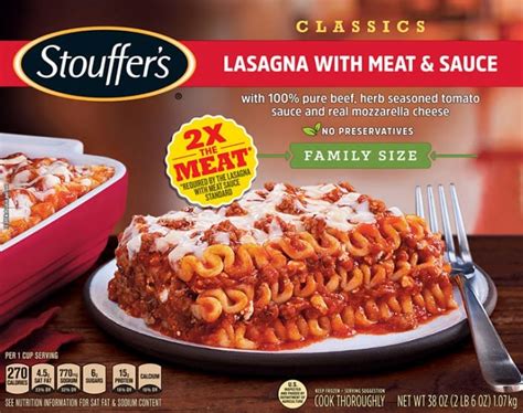 Stouffer's lasagna cook time. Stouffer's Lasagna: Layers of hearty meat sauce, pasta, and melted cheese make this a crowd-pleasing main course for any festive holiday gathering. ... (TOTAL cook time 85 minutes*). Remove baking sheet from oven. Let stand 5 minutes.MICRO-BAKE INSTRUCTIONS: Preheat 375°F. Leave film on tray, do not vent. Cook in microwave on … 