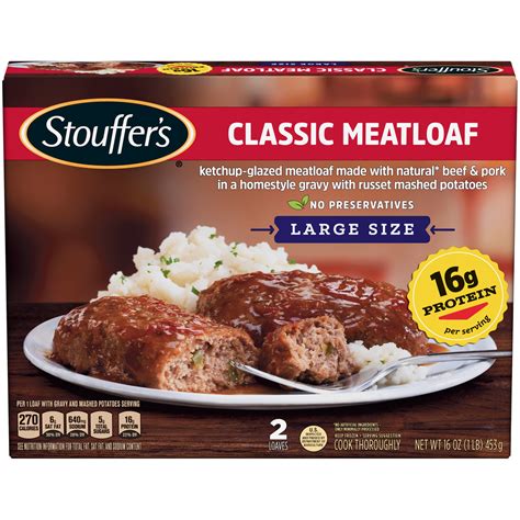 Stouffers meatloaf. Dec 11, 2018 · Serving Size: loaf & gravy (156g ) Amount Per Serving. Calories 190. Calories from Fat 90. % Daily Value*. Total Fat 10g. 15 %. Saturated Fat 4g. 