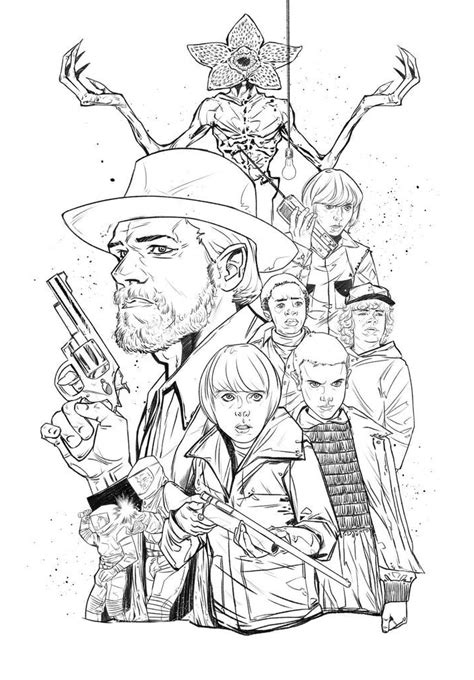 Stranger things coloring sheets. A collection of 70 high-quality coloring pages featuring the main characters and scenes from the Netflix series Stranger Things. The series is rated 12+ and has a large collection of coloring pages for fans of the show. Choose and print your favorite pictures of Eleven, Lucas, Mike, Dustin, and more. 