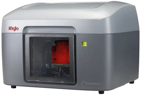 The Stratasys Mojo 3-D Printer prints objects using ABS plus plastic via fused deposition modeling. Soluble support material maintains the integrity of complex shapes during the printing process. A WaveWash 55 heated bath removes an object's support material after printing. Objects up to 5" x 5" x 5" in size can be printed. Resolution is .... 