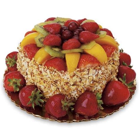 Product details. Beneath this dessert's beautiful presentation awaits three moist layers of vanilla cake, sweet Bavarian cream, and vanilla whipped topping. Fresh strawberries, peaches, kiwis, and red grapes grace the top of the cake while toasted almonds hug the sides. Serves 6-8. 24 Hours Advance Notice Required. If the item is needed sooner .... 