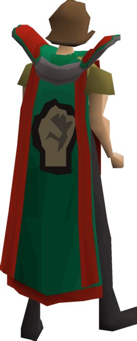 After Achieving 99 Strength you must go to Sloane in the Warrior Guild in Burthorpe, once there you may buy the Skill Cape of Strength for 99,000 GP. If you operate this Cape then your Strength level will be at 100 for a short period. This is the trimmed version of the Strength cape, it is Green with a Red trim.. 