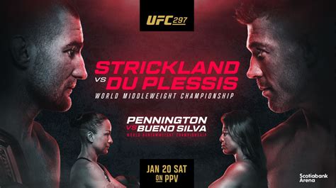 Strickland vs duplessis. Strickland (28-5 MMA, 15-5 UFC) makes his first title defense against Du Plessis (20-2 MMA, 6-0 UFC) in the UFC 297 main event Jan. 20 at Scotiabank Arena in Toronto. Du Plessis is known to fight with a crazy pace, which he used to finish former champion Robert Whittaker by TKO at UFC 290. But as the rounds go, Nicksick expects … 