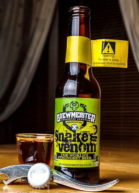 Strongest beer. Product Description. Brewmeister Snake Venom is currently recognised as the strongest beer in the World. It is brewed in Moray from smoked, peated malt using two varieties of yeast, one beer and one Champagne. Like other ultra high strength beers it is frozen several times after the fermentation process, and the ice crystals removed. 