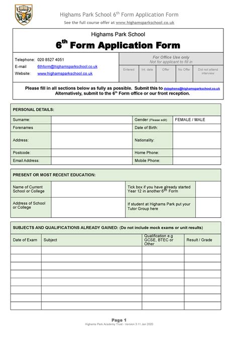 Student Application Form for Sixth Form 2022 Entry