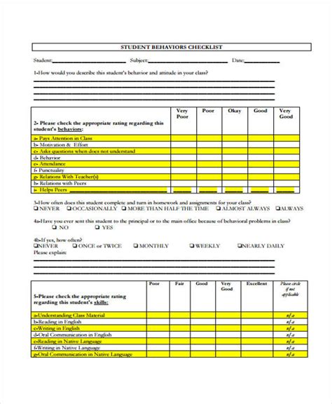 Student Behavior Checklist Template