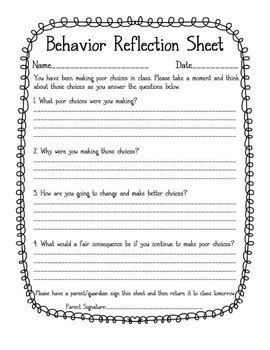 Student Behavior Reflection Sheet Elementary Behavior reflection