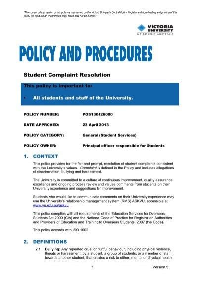 Student Complaints Policy / Victoria University Policy Library