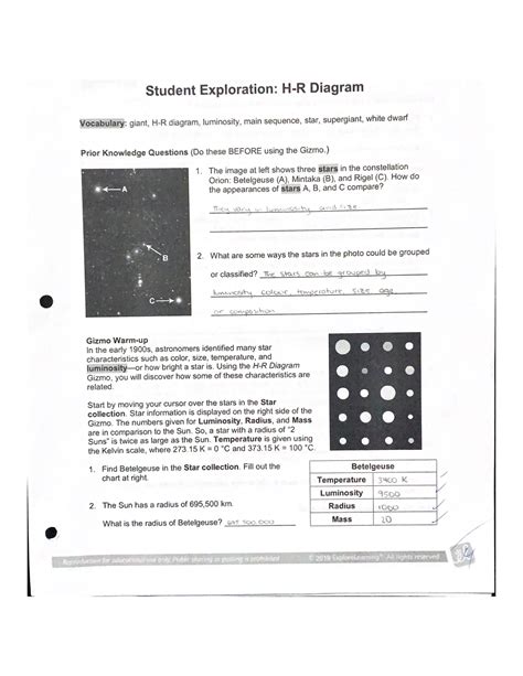 Student Exploration Gizmo Answer Key Diagram H R Diagram Gizmo Full
