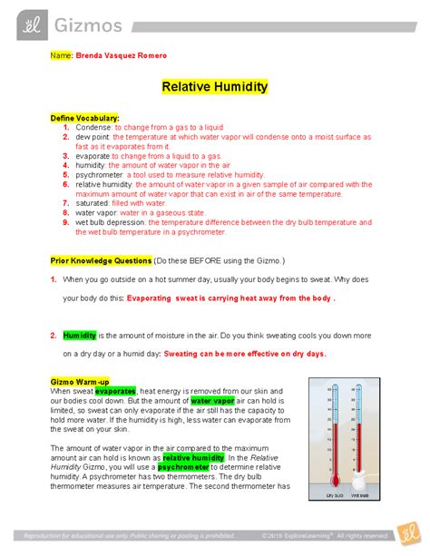 Student Exploration Relative Humidity Answers