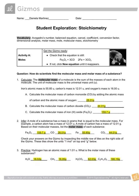 Student Exploration Stoichiometry Gizmo Answers