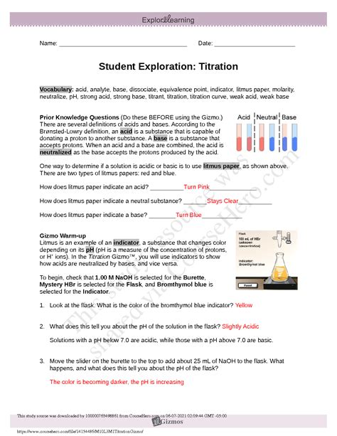Student Exploration Titration Answers