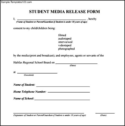 Student Media Release Form in Word and Pdf formats