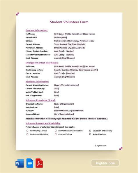 Student Volunteer Form Word PDF Google Docs Highfile