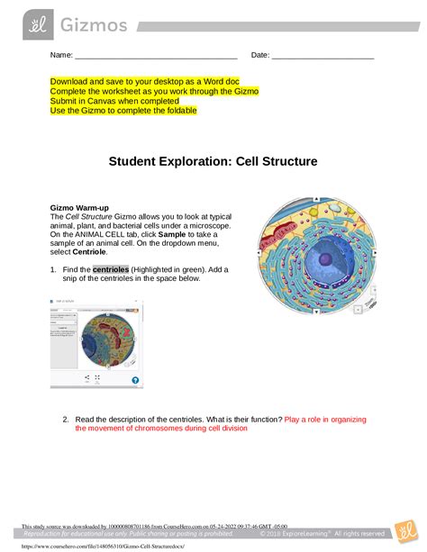 plant or animal and place the cells on a microscope to look inside the cells. Information about their common structures is provided (and the structures are highlighted), but you will need to move your microscope slide to find all the different structures. Cell Structure Gizmo : ExploreLearning Student Exploration Cell Structure. Showing top 8 …. 