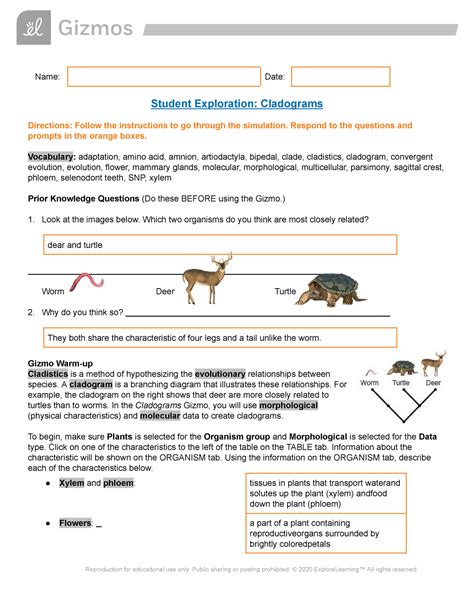 Student exploration cladograms. Both of them are four legged animals. Gizmo Warm-up Cladistics is a method of hypothesizing the evolutionary relationships between species. A cladogram is a branching diagram that illustrates these relationships. For example, the cladogram on the right shows that deer are more closely related to turtles than to worms. 