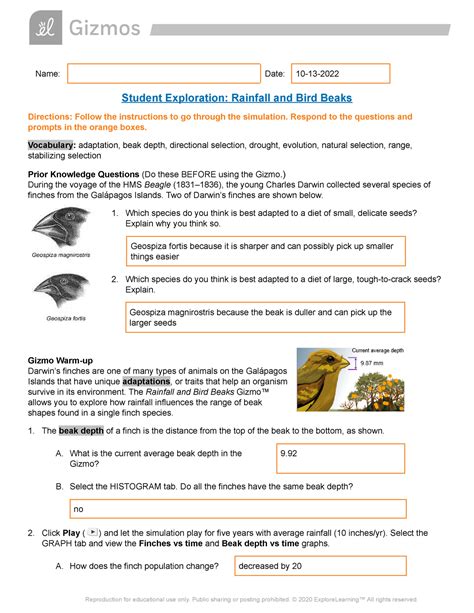 Student exploration rainfall and bird beaks gizmo answer key quizlet