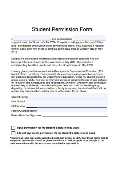 Student permission form in Word and Pdf formats