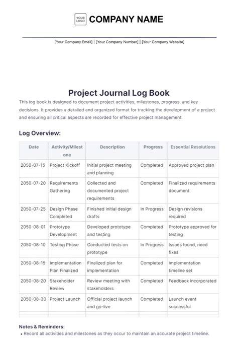 Student project log book format.  It contains sections for planning the project, Overview Ke...