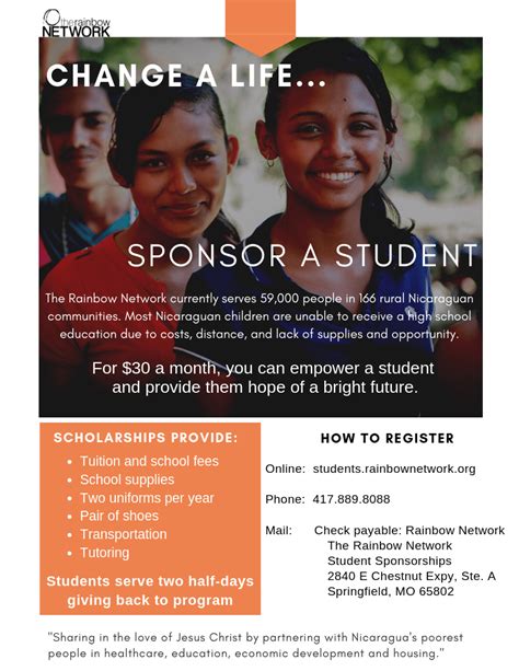 Student sponsorship. The TNF sponsorship programs works with our community partners to identify students who are at risk of school drop-out, and pair them with TNF sponsors. Based ... 