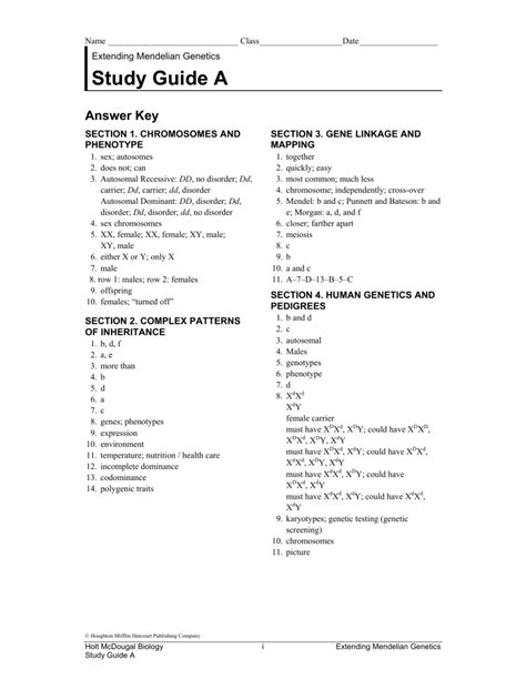 Study Guide Mendelian Genetics Answer Key