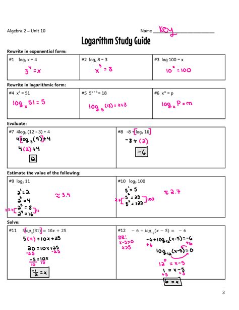 Studyguide KEY Answer key for Algebra 2 study guide unit 10