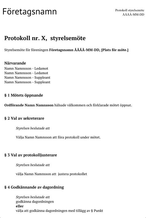 Styrelsemöte protokoll mall gratis