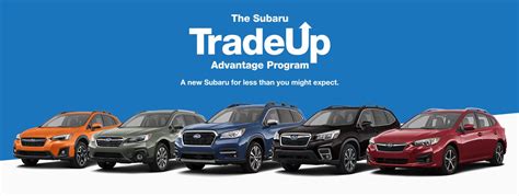 Subaru trade up program. Premier Subaru. With the Subaru Trade Up Advantage ® Program, you may be eligible sooner than you think to bring home a new vehicle that gives you more of what you love: Personalized offer tailored just for you. Award-winning longevity and value. More industry-leading safety and technology features. Your Subaru holds its value for the long ... 