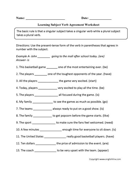 Subject Verb Agreement Worksheet for 2nd 3rd Grade Lesson Planet