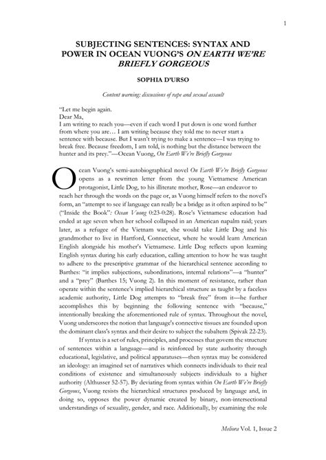 Subjecting Sentences: Syntax and Power in Ocean Vuong’s On …