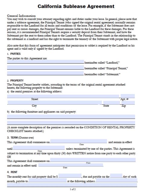 Sublease Agreement California Template