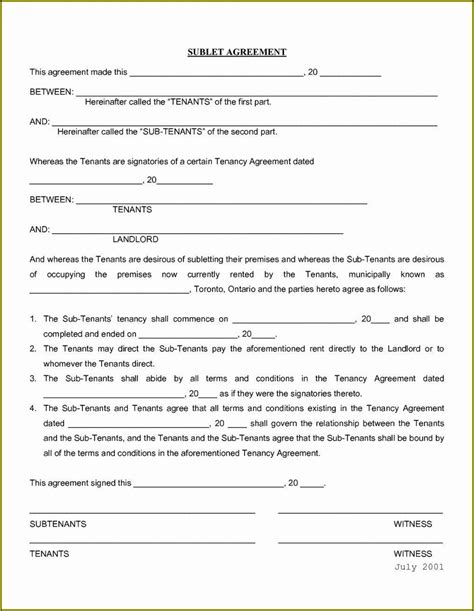 Sublease Agreement Ontario Template