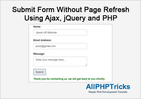 Submit form without Refreshing Page using Ajax and Jquery