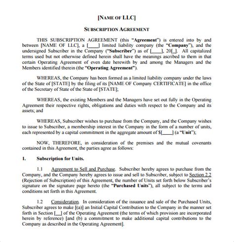 Subscription Agreement to Services Template in Word doc Service